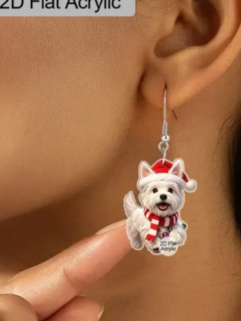 Festive White Dog Earrings with Red Santa Hat and Scarf